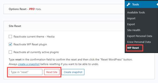 Restarting WordPress with WP Reset