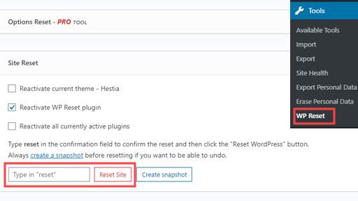 Restarting WordPress with WP Reset