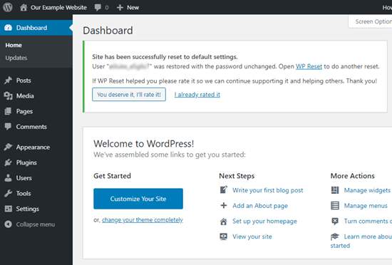 WP dashboard
