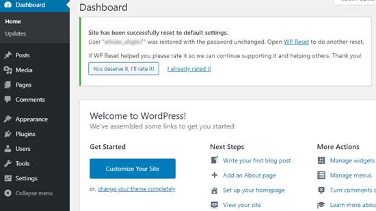 WP dashboard