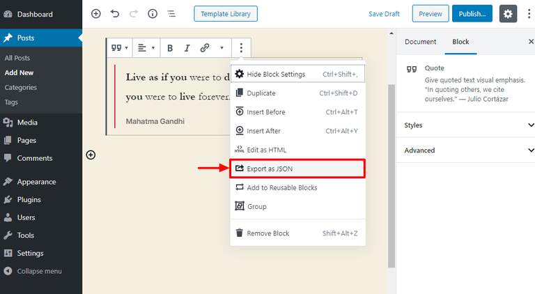 exporting Gutenberg blocks