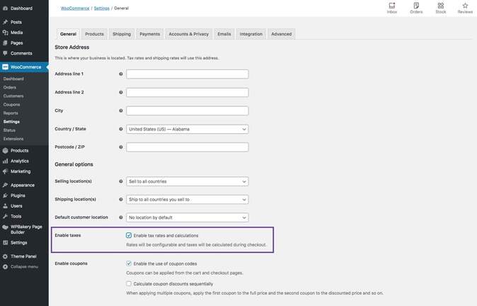 Tax settings on WooCommerce