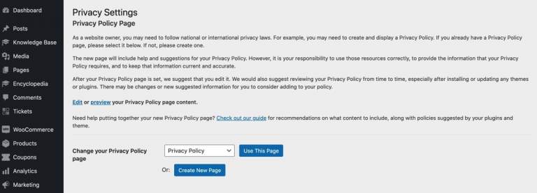 WordPress built-in Privacy Policy template