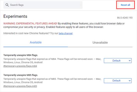 Turn off any experimental Google Chrome features