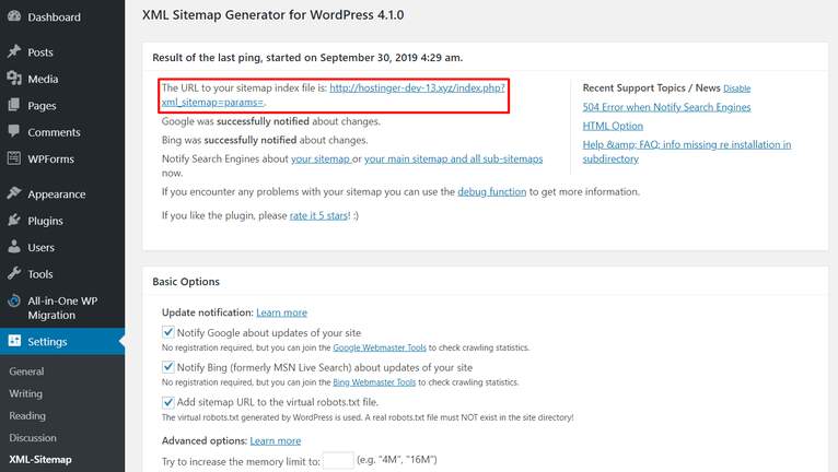 Settings page – XML-Sitemap