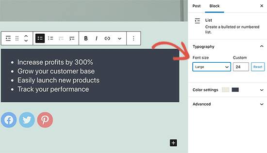 adjusting font size in more blocks