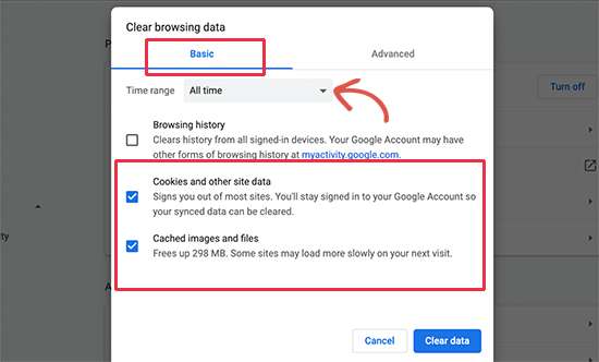 Clear browser cache and cookies