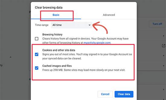Clear browser cache and cookies