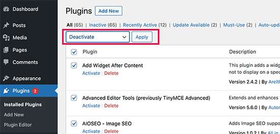Deactivate all plugins