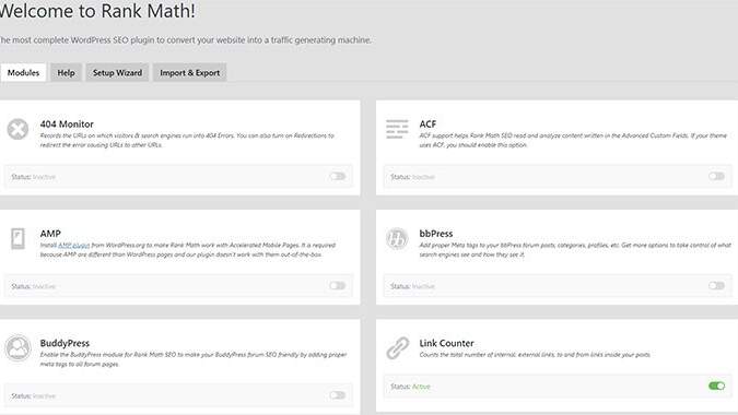 rank math dashboard